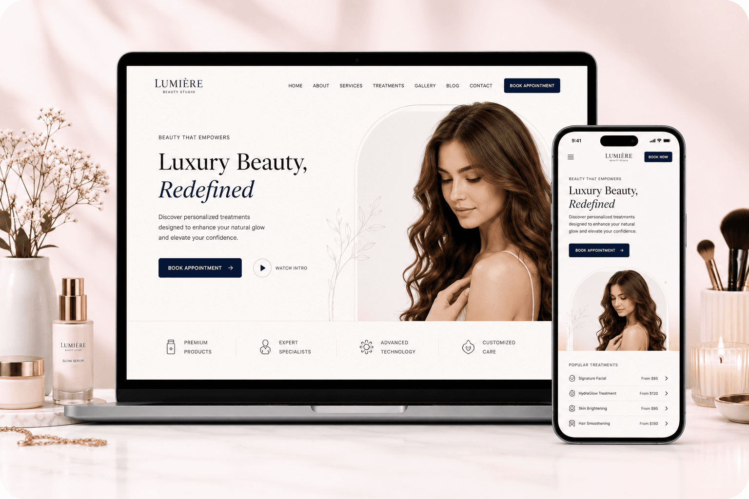 Luxe Beauty Lounge website mockup